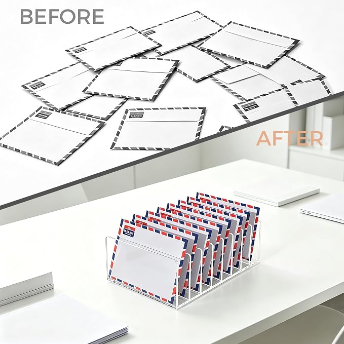 8 Compartments Clear Acrylic Mail Holder – Vertical Letter Sorter & Multifunction Desk Organizer for Bills, Documents, Notebooks – Modern Office/Home Envelope File Rack