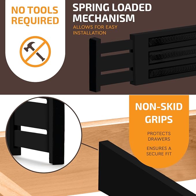 6 Pack Black Drawer Dividers - 6 Inch High for Deep Drawers, Adjustable 11.5 to 17 Inch Expandable Kitchen Drawer Organizer, Spring Loaded Dresser Separator for Clothes, Bedroom, Bathroom, Office
