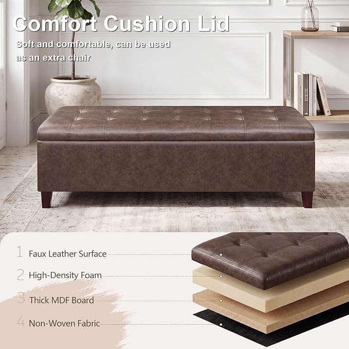Joveco 51 Inch Storage Bench,Leather Tufted Storage Ottoman with Legs | Safety Hinges,Wooden Legs,End of Bed,Bedroom,Living Room,Entryway