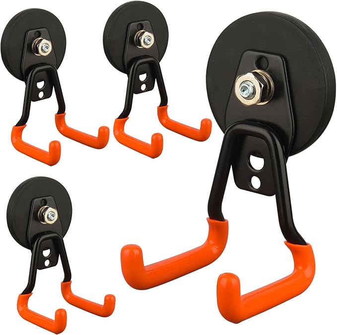 MUTUACTOR Updated Strong Magnetic Hooks,4PCS Scratch-Resistant Heavy Duty Garage Magnet Hook,20lbs Powerful Storage Tool Hooks for Organizing Cordless Impact Drivers,Garden Shovel Tool Box