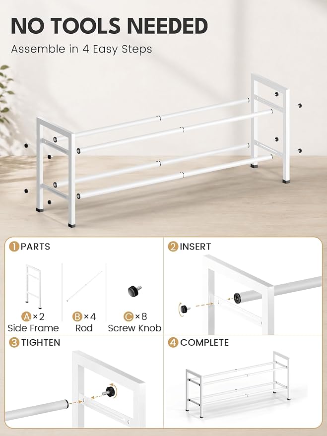 Bumusty 2 Tier Expandable Shoe Rack for Closet, White | 18"-33" Adjustable Shoe Rack for Entryway, Small Shoe Organizer for Dorm, Front Door, Sturdy Metal
