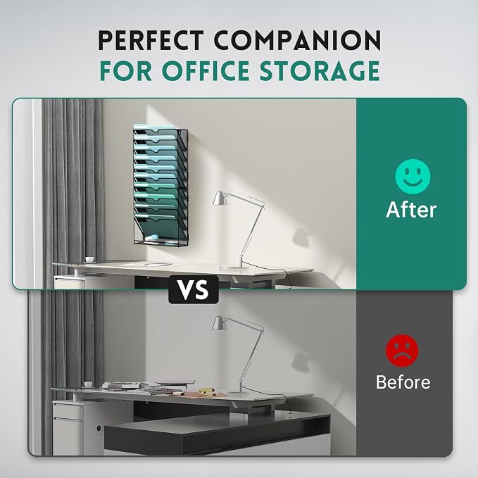 SUPEASY 11-Tier Wall File Organizer, Wall Mounted Mail Sorter, 2 Pack | Metal Mesh Hanging File Organizer with Open Compartments and Label Panels for Papers and Folders at Home, Office or School