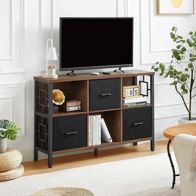HOMISSUE 6 Cube Storage Organizer Shelf, Rustic Short Bookshelf with 3 Storage Bins, Industrial Horizontal Bookshelf with Metal Frame, Low and Wide Cube Bookcase for Living Room and Office, Brown