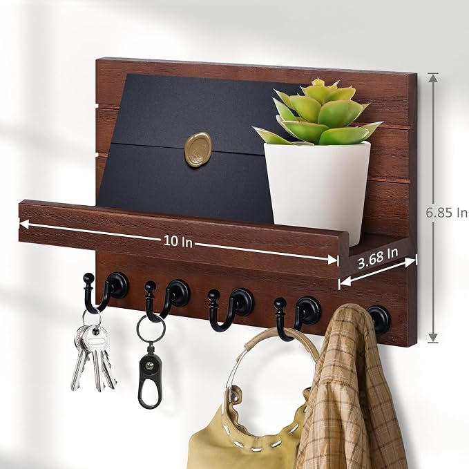 HONJIN Mail and Key Holder for Wall: Easy Installation Modern Mail Holder Wall Mount Key Shelf for Hallway Living Room House Decoration (Brown)