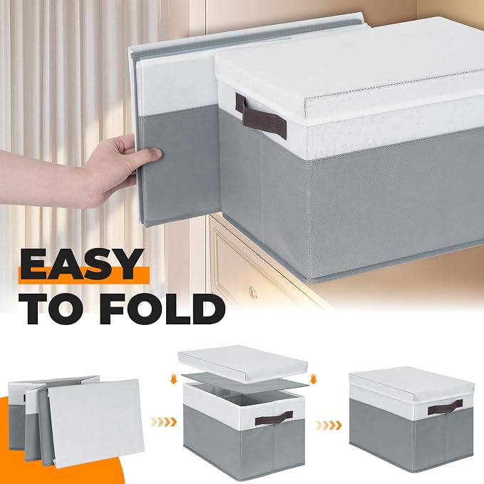 Large Closet Storage Baskets Bins with Lids 4 Pack, Storage Baskets for Organizing Shelves Nursery Bedroom, Home Dorm Closet Organizers Cubes for Clothes Toys Blanket Book - Stackable -14x10x9.5