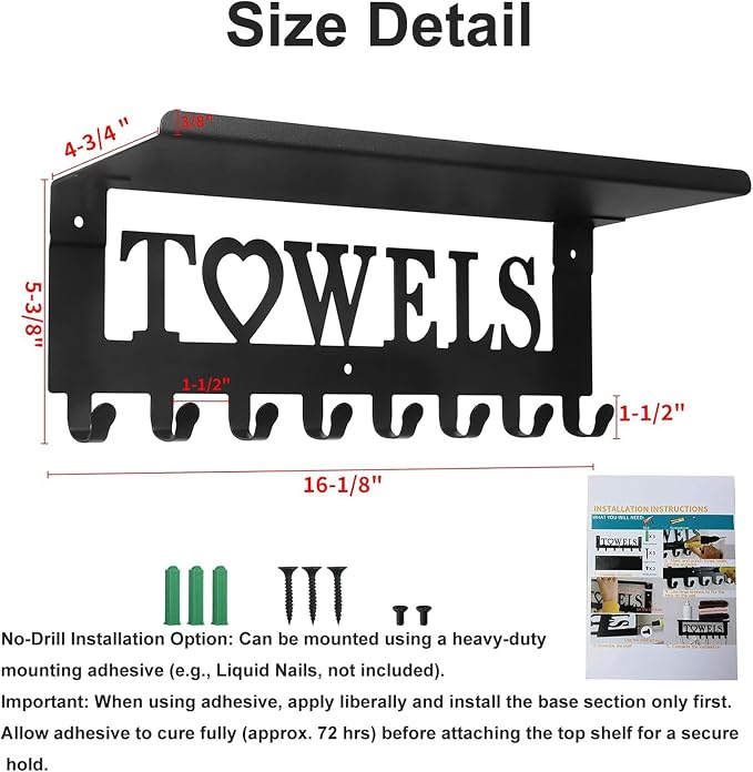 IBosins Towel Rack with Metal Shelf Bathroom Towel Holder 8 Hooks Black | 16-Inch Towel Hanger Wall Mounted Robes, Clothes, Towels Organizer for Bathroom, Hot Tub, Kitchen, Bedroom, Home