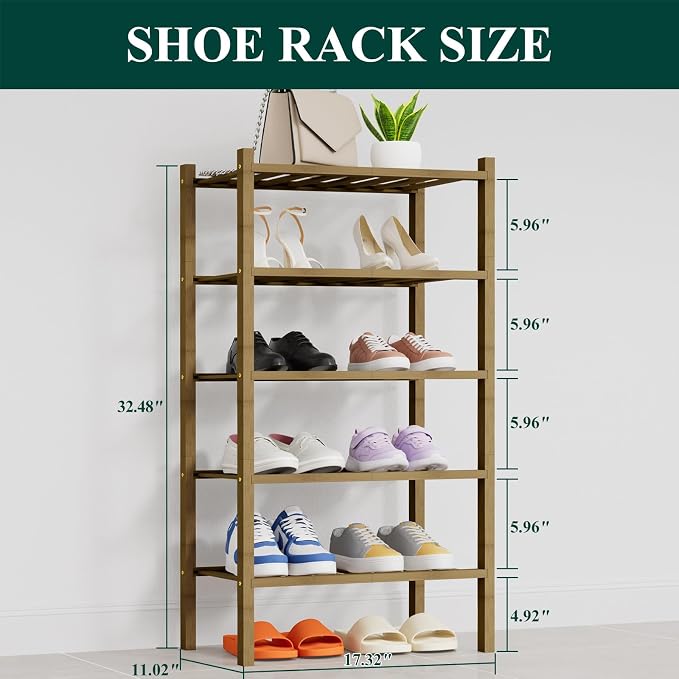 Smiry Bamboo Shoe Rack, 14 Vertical Slats, 5 Tier - 17.3" Wide, Walnut | Stackable Free Standing Wooden Shoe Organizer, Wood Shoe Storage Shelf for Closet, Entryway, Thicher Leg