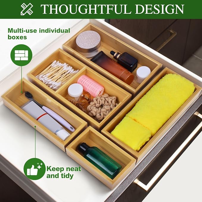 MapleGrace Bamboo Drawer Organizer Set, Individual Wood Storage Organizers | 5 PCS Multi-Use Junk Drawer Divider, Storage Trays Containers for Kitchen, Bathroom, Office Desk, Makeup, Jewelry, Utensils