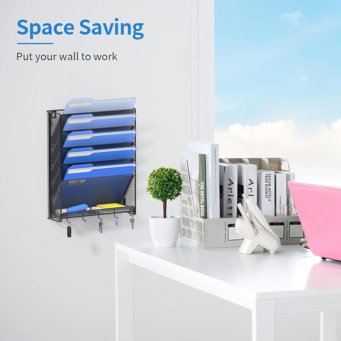 OUTWOLF Hanging Wall File Organizer with Hooks, 6 Tier Vertical Wall Mount File Holder, Paper Document Mail Organizer for Office, Pack of 2