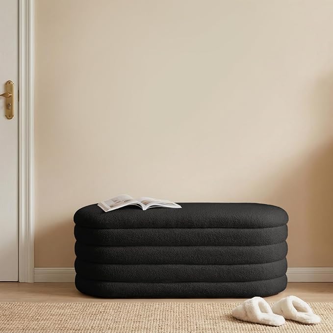 Storage Ottoman Bench, 45'' Upholstered Boucle Ottoman with Storage, Aesthetic End of Bed Bench for Bedroom Living Room Entryway, Black