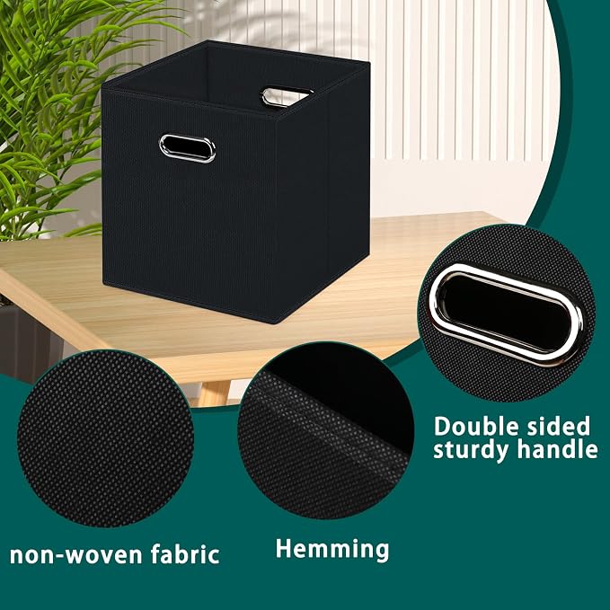 Black Foldable Storage Cubes Bins, Fabric Storage Box Cubes Organizer Baskets with Dual Handles for Home Organizer,Set of 3,(Black)