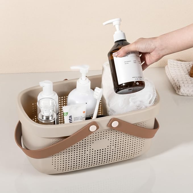 JiatuA Plastic Storage Basket with Handle Portable Shower Caddy Tote Organizer Basket Bin for Bathroom Kitchen Dorm Room Bedroom, Beige