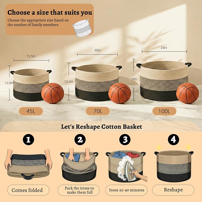 Artfeel 100L Large Cotton Rope Basket, Decorative Woven Blanket Storage for Living Room, Boho Toy Storage & Toy Box for Kids, Versatile Laundry Basket & Nursery Hamper for Blankets(BlackBrown)