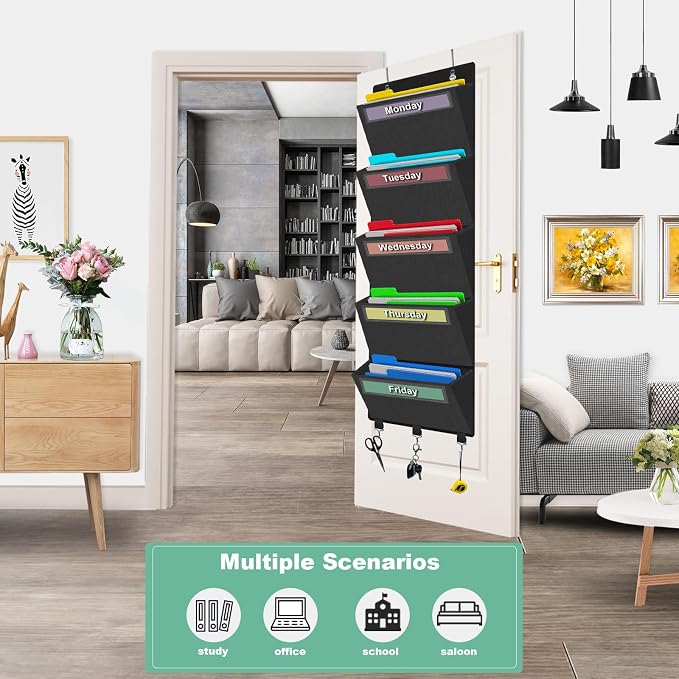 Weekly Over the Door File Organizer, Hanging File Folders Wall Organizer with 5 Large Pockets for Papers, Charts, Mails, Magazine, Office and Back To School Supplies Storage and Organization (Black)