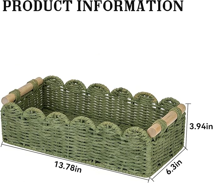 Upgraded Paper Rope Scalloped Edge Toilet Paper Storage Basket, Small Living Room, Bedroom Decor Baskets for Over Toilet Storage Shelf, End Table, Shelves and More, with 2 Wooden Handle (Green)