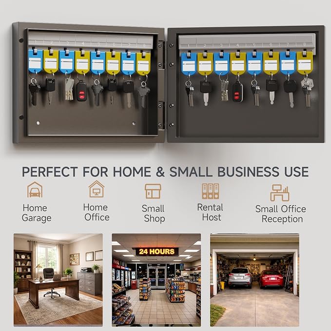 16-Key Key Lock Box, Wall Mount Steel Key Organizer Cabinet with Key Tags | Security Key Holder Lockbox with Key Management App for Small Office, Key Storage for Home, Garage, Fleet & Valet