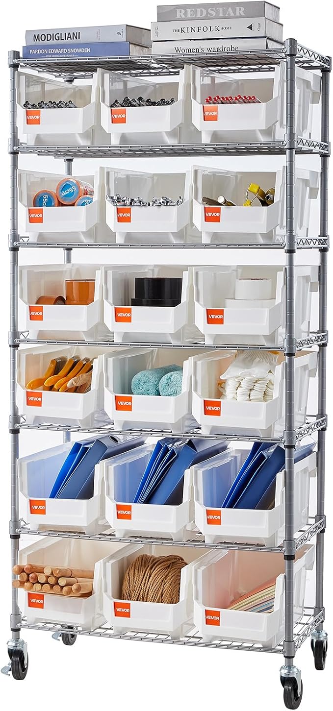VEVOR 7-Tier Rolling Bin Storage Rack, 18 Organizer Bins, Bin Rack Storage Steel Wire Shelving System with Wheels, Mobile Tool Organizer for Garage, Warehouse, Office, Restaurant, Classroom, Kitchen
