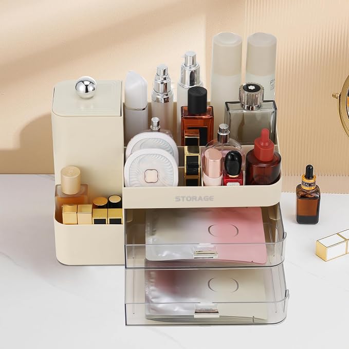 Large Makeup Organizer Countertop with Drawers, Make Up Organizer for Vanity, Makeup Storage Organizer Countertop Makeup Organizers for Skincare (Style2-Cream)