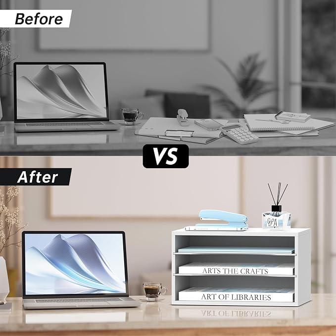 3 Tier Wood Desk Organizer, Mail Sorter and Paper Organizer for Desk, White | Wooden Desktop Organizer for Sorting Papers, Letters and Mails, Literature Organizer for Home Office, Classroom Organization