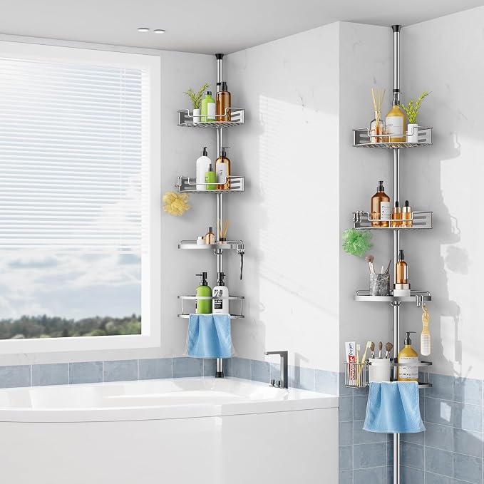 HAMITOR Corner Shower Caddy Tension Pole: Quick Installation 4-Tier Rustproof Bathroom Organizer Shelves for Bathtub Shampoo Storage - 47-121 inch Adjustable Floor Standing Bath Rack Holder - Silver | No-Drill Setup, Adjustable Height Tension Pole, Rus...
