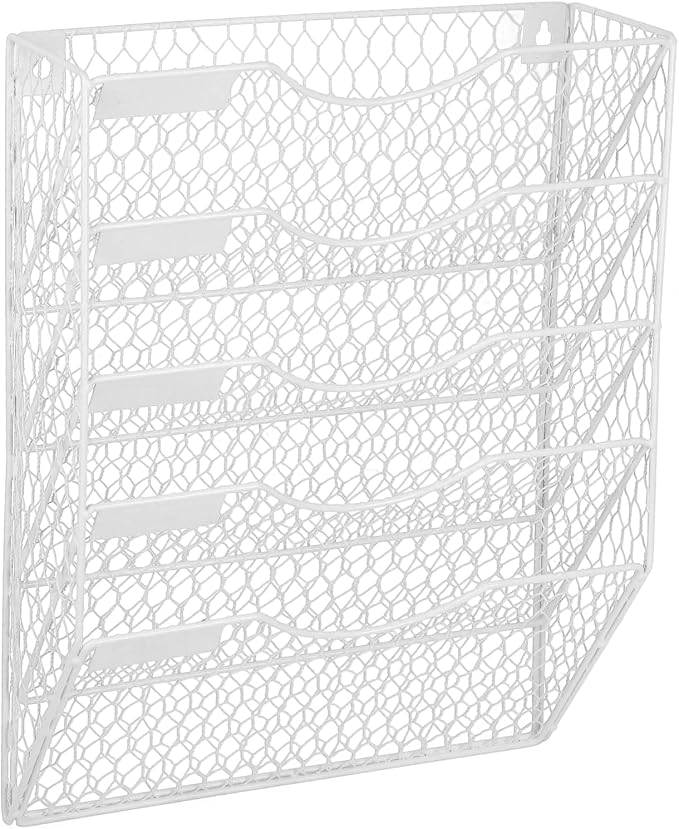 EASEPRES Mail Organizer Wall Mount Hanging File Holder Storage, Metal Chicken Wire Magazine Rack 5 Tier, White