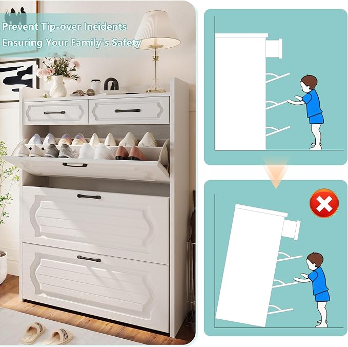 ODUWA Shoe Cabinet with 3 Flip Drawers and 2 Storage Drawers, Shoes Organizer Cabinets with Adjustable Divider, Hidden Shoe Rack Shoe Storage Cabinet for Entryway, Hallway, White