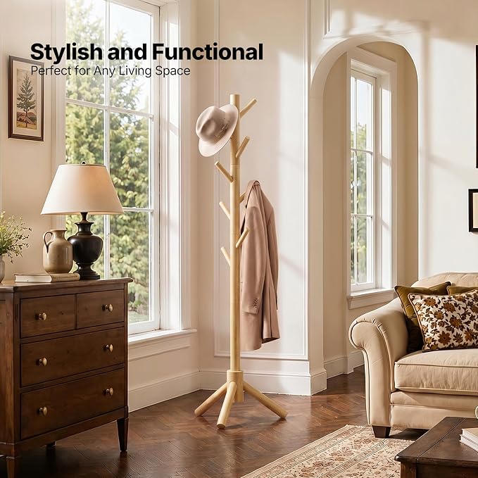 AMADA Solid Wooden Coat Rack Freestanding with 8 Hooks, Natural | 100% solid wood, 3 height options, widened base for stability, tool-free assembly, smooth rods & hooks prevent clothing snags
