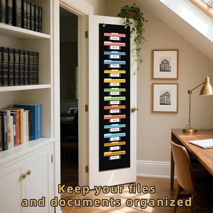ANCOMEDO 14 Pocket Hanging File Organizer with 14 Nametag Pockets. Black File Storage Pocket Chart for Classroom or Office Use. Perfectly Organizes Assignments, Files, Scrapbooks, and Documents.