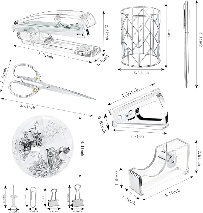 Office Desk Accessories,Office Supplies Set Acrylic Stapler Set Staple Remover, Tape Holder, Pen Holder, 2 Ballpoint Pen, Scissor, Binder Clips, Paper Clips and 1000pcs Staples(Silver)