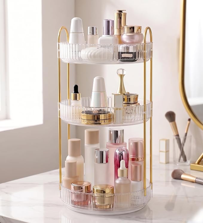 Aveniee 3-Tier 360° Rotating Makeup Organizer, Clear Spinning Perfume Cosmetic Storage for Vanity Countertop, Sturdy Metal Pole Skincare Holder Stand for Bathroom Dresser, White