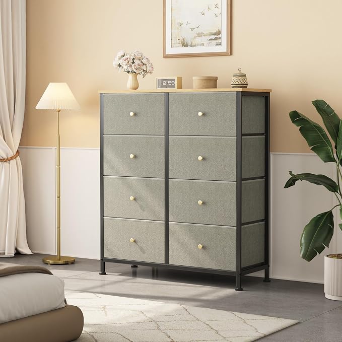 OLIXIS 8 Drawer Storage Dresser for Bedroom, Closet Organizers Units | Fabric Dresser with Wooden Top, Chest of Drawers Clothes Storage, Tower Cabinet, TV Stand Furniture, Dark Green