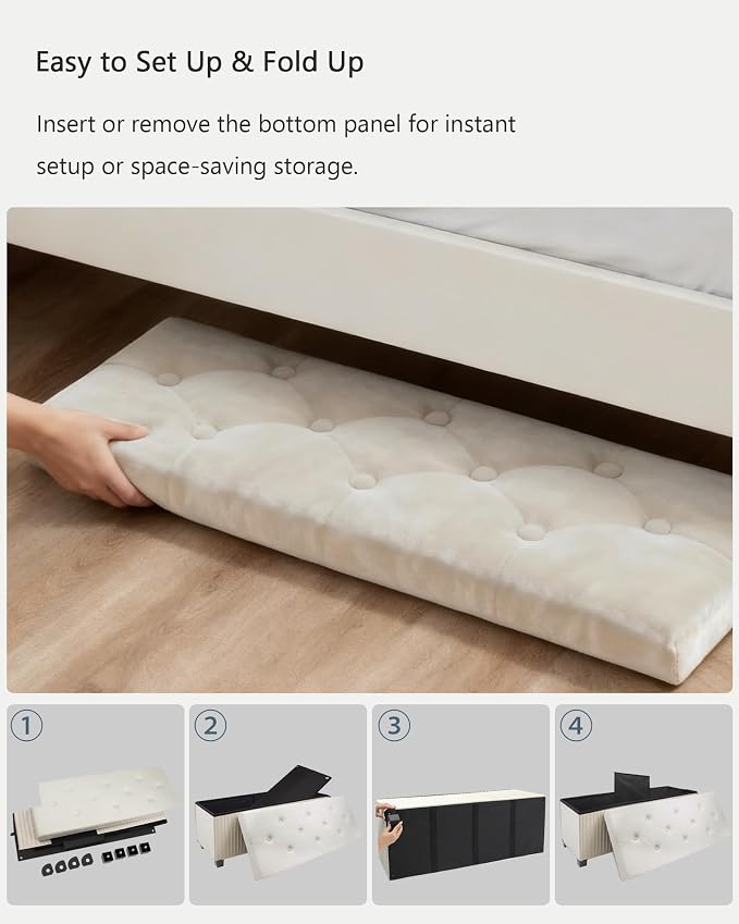 LITZFUR 43 Inches Storage Ottoman Bench, Velvet Foot Rest Stool, Beige | Folding Ottoman with Legs, End of Bed Bench, Storage Chest for Living Room, Bedroom