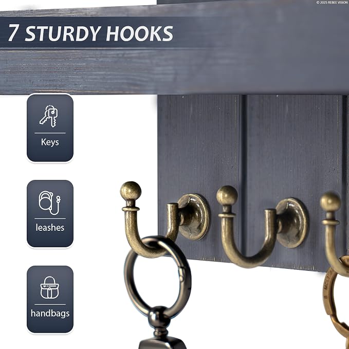 Rebee Vision Key Holder Wall Mount with 7 Hooks for Home Decor, Royal Blue | Pine Wood Key Holder for Wall, Mail Organizer, Rustic Key Organizer, House and Apartment Essential, Decorative Storage