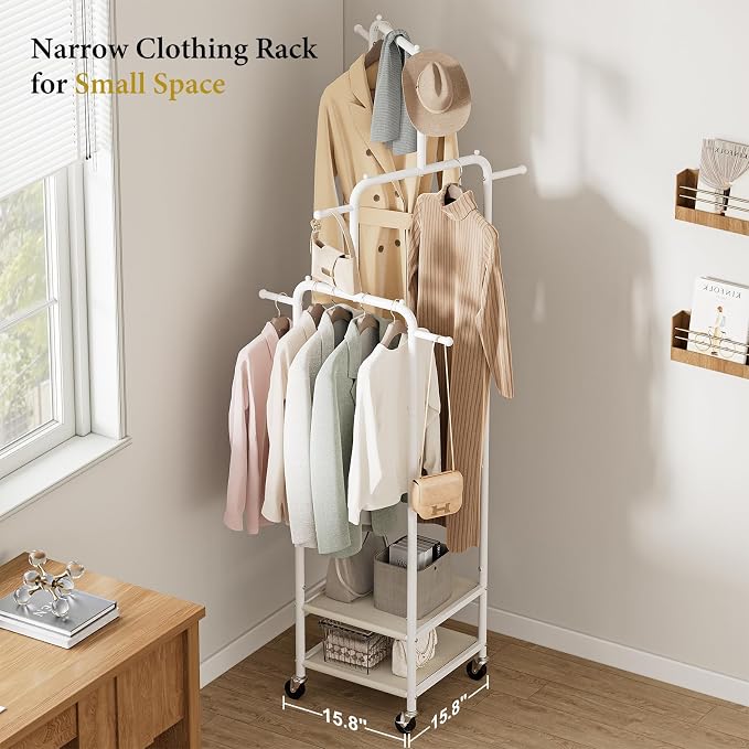 Chrislley Small Clothing Rack With Wheels & 2 Shelves, Narrow Clothes Rack | 3-Section Different Heights Metal Rolling Garment Rack, 71" Tall Portable Coat Rack with 6 Hooks for Bedroom, Entryway, White