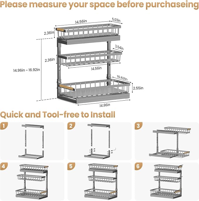 Under Sink Organizer and Storage - 3 Tier Cabinet Pull Out Shelf Organizers | 2 Pack 3 Tier under sink storage for Bathroom and Kitchen Slide Out Drawer Organization for Home Cabinets Shelves and Drawers