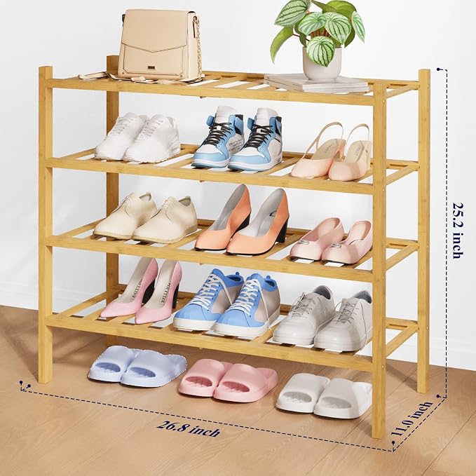 Kitsure Bamboo Wooden Shoe Rack for Closet, 26.8" Wide - 4 Tiers, Natural | Stackable Shoe Organizer with Modular Structure, Space-Saving Shoe Shelf for Entryway, Living Room, Zapateras Organizer