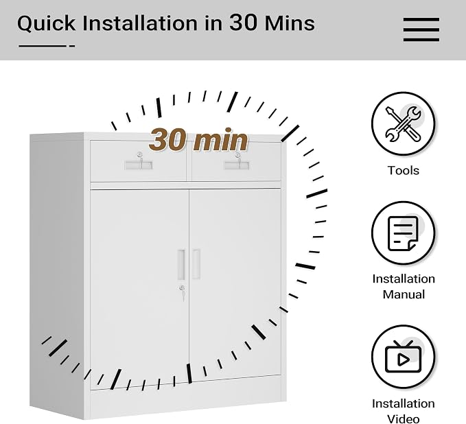 CJF Metal Storage Cabinet, Locking Storage Cabinet with Doors and 2 Drawers, Metal Cabinets for Office/Home/Garage 36" H x 32" W x 16" D (White)