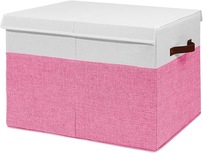 Large Toy Bins Box, Collapsible Toy Storage Chest With Lids, 25"x13"x16" | Sturdy Kids Toy Storage Box with 2 Pockets and Dividers for Boys Girls, Bedroom & Living room Organization, White & Pink