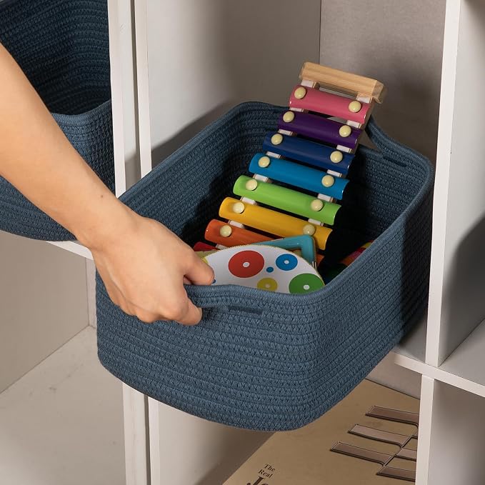 OIAHOMY Cotton Rope Woven Baskets for Storage, Nursery Rectangle Storage Basket with Handles for Shelves, Pack of 3, Blue