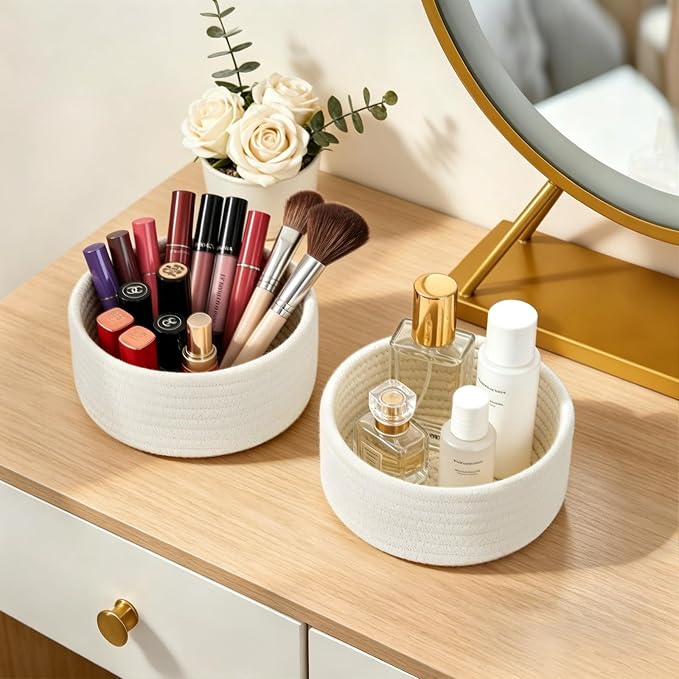 Dahey 4 Pcs Small Woven Baskets Set, Mini Cotton Rope Storage Bins for Organizing, Cute Tiny Round Decorative Baskets for Gifts, Living Room Bathroom Home Decor, 7.09"W x 3.15"H, White