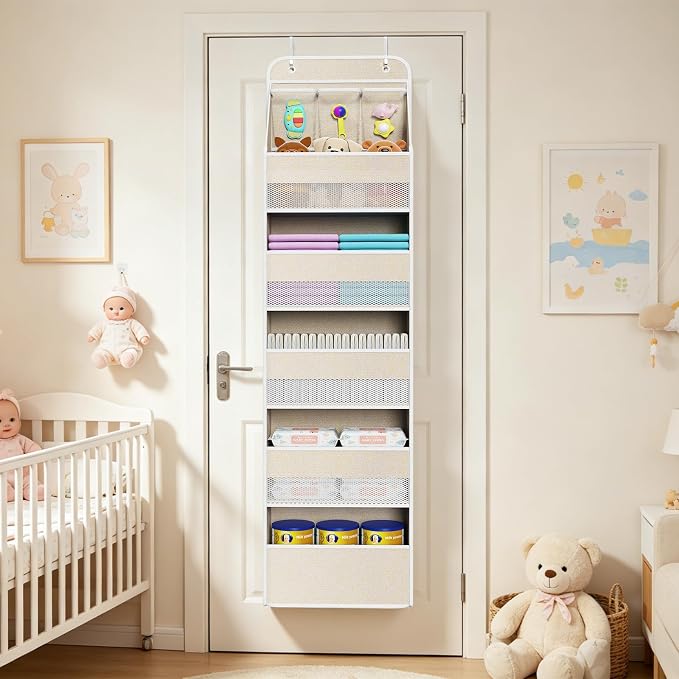 Univivi Over the Door Organizer for Baby Nursery, Beige Pattern, 6-Shelf | Door Storage with Large Capacity Breathable Mesh Pockets, Fabric Over Door Organizer for Baby Essential, Bedroom and Dorm
