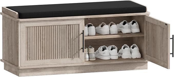 Akxomel 39.4" Fluted Shoe Storage Bench 2 Doors Wooden Entryway Bench Greige