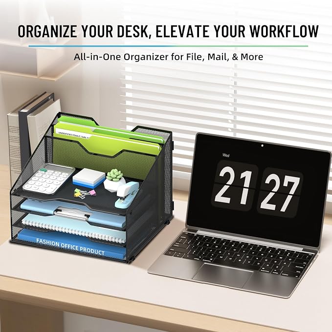 Desk File Organizer with 4 Letter Trays and 2 Vertical File Holders, Black | Metal Mesh Paper Letter Tray Organizer for Documents Folders Mail, Desk Organizers and Accessories for Home Office