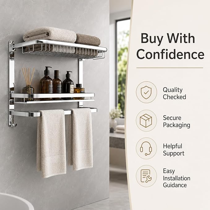 23 Inch Towel Rack for Bathroom with 3 Tier Shelf Double Bar Hook (Silvery) | 90 Degree Foldable Top Design, Wall Mounted Storage Shelf of 304 Stainless Steel, No Drill or Screw Installation