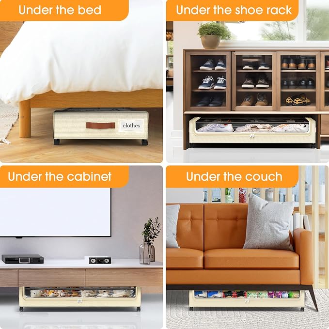 SpaceHacks Under Bed Storage with Wheels 1Pack Underbed Storage with Clear Window&Label Under Bed Drawers Large Capacity Rolling Under Bed Storage for Clothes,Shoes, Blankets (Beige)