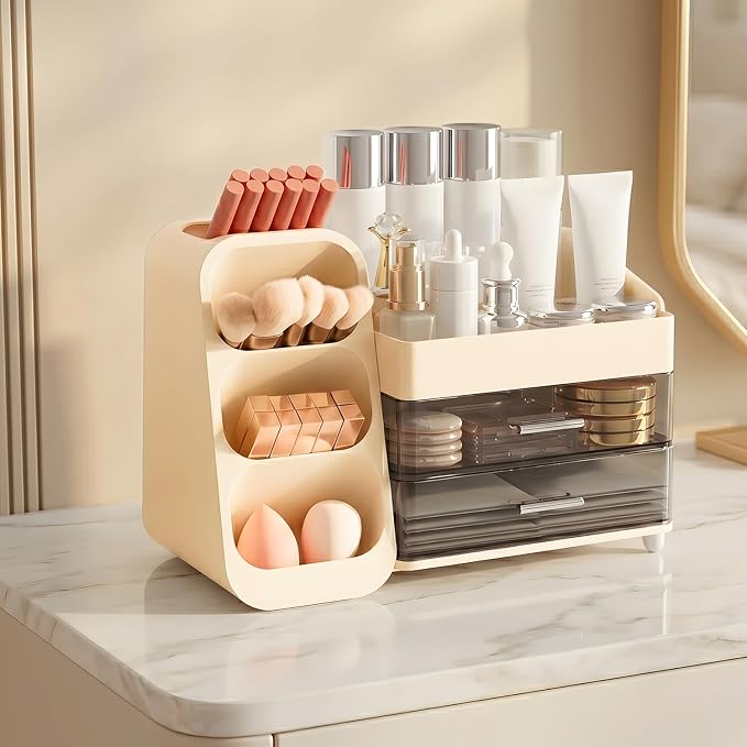 Makeup Organizer for Vanity with Brush Holder and 2 Drawers, Cream | Large-Capacity Makeup Holder Organizes Skincare, Cosmetics and Daily Beauty Products for Tidy Vanity and Bathroom Counters