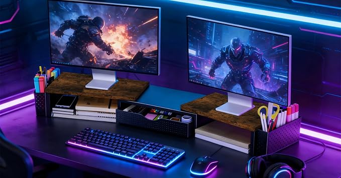Spacrea Wood Dual Monitor Stand Riser with Drawer and 2 Pen Holders | Monitor Riser Desk Organizers and Accessories,Desk Accessories & Workspace Desktop Organizers for Office Supplies