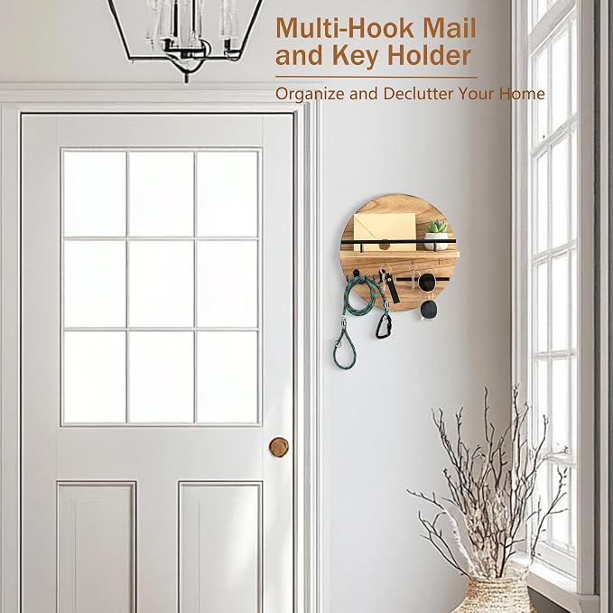 dreampossible Key Holder for Wall Decorative with Shelf and Hooks, Mail Organizer Wall Mount with Sunglasses Holder, Circular Design Entryway Key Rack Hanger, Rustic Home Decor