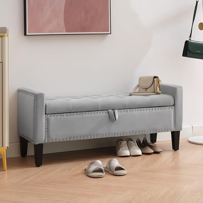 Storage Ottoman Bench, Velvet Upholstered Footstool for Bedroom and Living Room, Tufted Seat with Storage, Wooden Legs & Metal Rivets, Grey