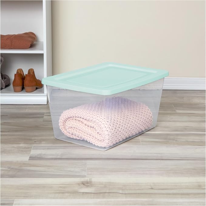 Sterilite 32 Pack Storage Boxes, Clear Plastic Stackable Containers, Lightweight Home Organizers with Snap Lids, 58 Quart, Mindful Mint